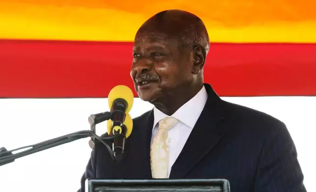 FILE - Ugandan President Yoweri Museveni speaks during the 60th Independence Anniversary Celebrations, in Kololo, Uganda, Sunday Oct. 9, 2022. (AP Photo/Hajarah Nalwadda, file)