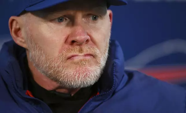Buffalo Bills head coach Sean McDermott responds to questions during a news conference after an NFL divisional playoff game against the Denver Broncos, Saturday, Jan. 17, 2026, in Denver. (AP Photo/RJ Sangosti)