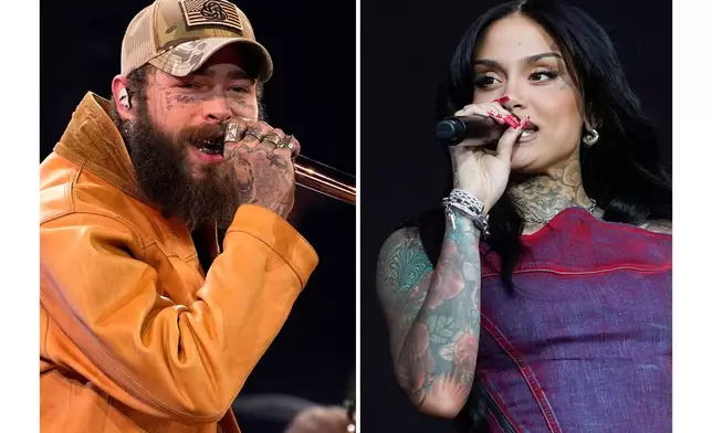 This combination of photos show Post Malone performing at the 57th Annual CMA Awards in Nashville, Tenn., on Nov. 8, 2023, left, and Kehlani performing at All Points East festival in London on Aug. 18, 2023. (AP Photo)