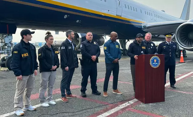 FBI Director Kash Patel speaks during a news conference about the arrest of former Canadian Olympian Ryan Wedding on multinational drug trafficking charges in Ontario, Calif., on Friday, Jan. 23, 2026. (AP Photo/Amy Taxin)