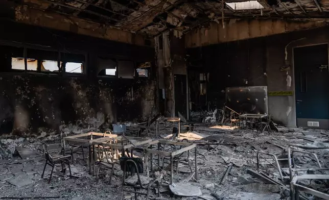 Burned desks sit inside a school after wildfires swept through Punta de Parra, Chile, Monday, Jan. 19, 2026. (AP Photo/Javier Torres)