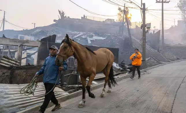 A man leads his horse past homes burned by wildfires near Lirquen, Chile, Sunday, Jan. 18, 2026. (AP Photo/Javier Torres)