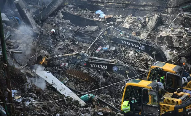 Rescue workers and firefighters work with heavy machinery to clear the rubble of a burnt building of a multi-story shopping plaza following a massive fire in Karachi, Pakistan, Tuesday, Jan. 20, 2026. (AP Photo/Ali Raza)