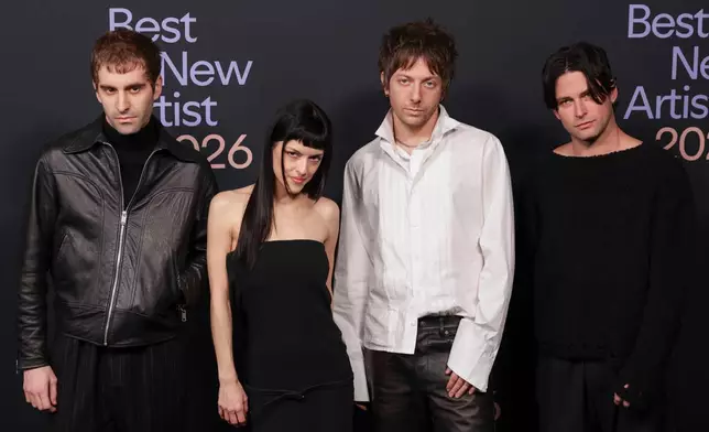 Jesse Perlman, from left, María Zardoya, Josh Conway, and Edward James of The Marías arrive at the Spotify Best New Artist Party on Thursday, Jan. 29, 2026, in Los Angeles. (Photo by Andrew Park/Invision/AP)
