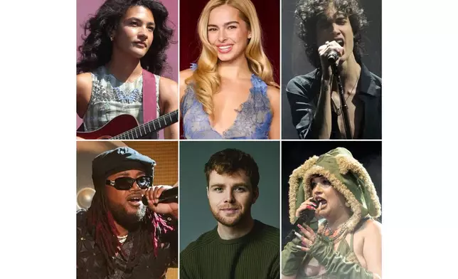 This combination of photos show Grammy nominees for best new artist, top row from left, Olivia Dean; Addison Rae; sombr, ottom row from left, Leon Thomas; Alex Warren; and Lola Young. (AP Photo)