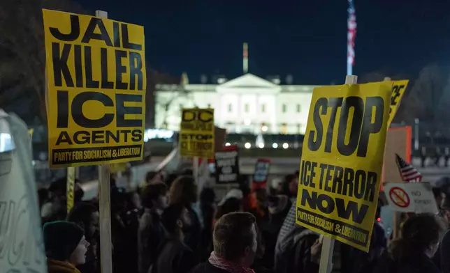Demonstrators protest outside the White House in Washington, Thursday, Jan. 8, 2026, against the Immigration and Customs Enforcement (ICE) agent who fatally shot Renee Nicole Good in Minneapolis. (AP Photo/Jose Luis Magana)