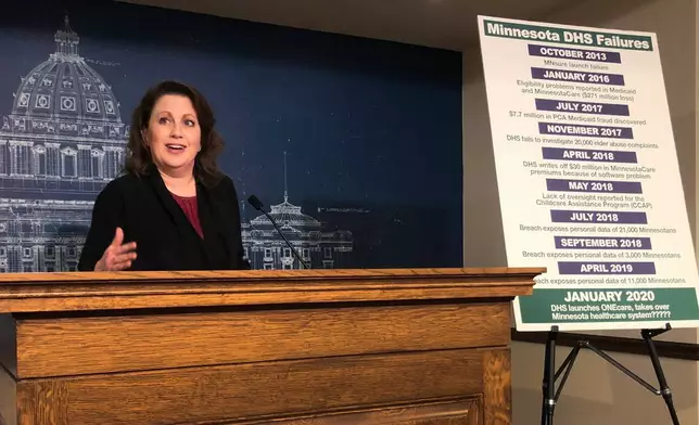 FILE - State Sen. Michelle Benson reacts at a news conference on Wednesday, April 10, 2019 at the Minnesota State Capitol in St. Paul to a report by the state's legislative auditor on combatting fraud in Minnesota's Child Care Assistance Program. (AP Photo/Steve Karnowski,File)