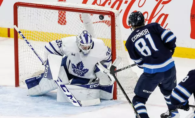 Winnipeg Jets' Kyle Connor (81) scores against Toronto Maple Leafs goaltender Dennis Hildeby (35) during second-period NHL hockey game action in Winnipeg, Manitoba, Saturday, Jan. 17, 2026. (John Woods/The Canadian Press via AP)