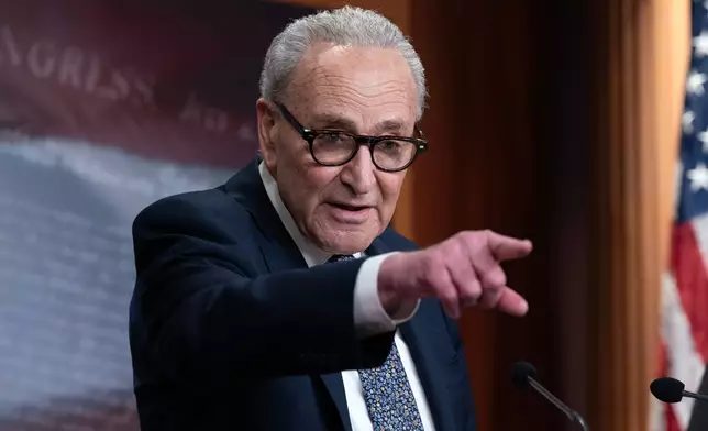 Senate Minority Leader Chuck Schumer, D-N.Y., speaks during a news conference at the Capitol in Washington, Friday, Jan. 30, 2026. The Senate voted Friday to fund most of the government through the end of September after President Donald Trump made a deal with Democrats to carve out Homeland Security funding and allow Congress to debate new restrictions on federal immigration raids across the country. (AP Photo/Jose Luis Magana)