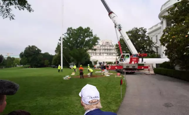 FILE - President Donald Trump speaks with reporters as a flag pole is installed on the South Lawn of the White House, June 18, 2025, in Washington. (AP Photo/Evan Vucci, File)