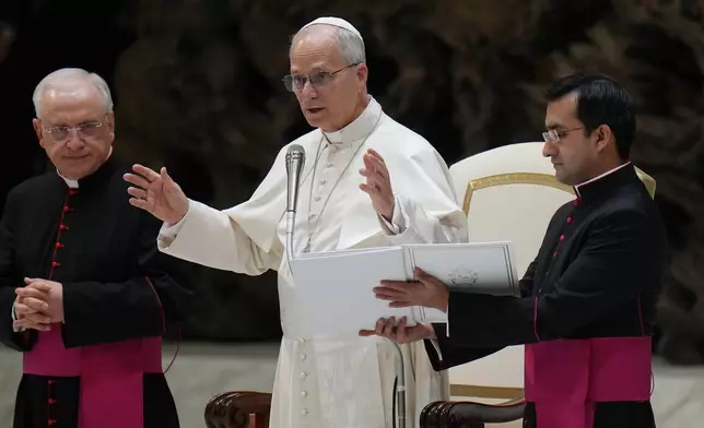 Pope Leo XIV holds his weekly general audience in the Paul VI Hall at the Vatican, Wednesday, Jan. 7, 2026. (AP Photo/Alessandra Tarantino)