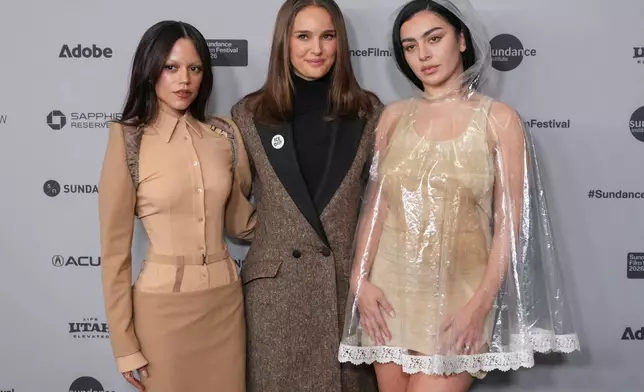 Jenna Ortega, from left, Natalie Portman, and Charli xcx attend the premiere of "The Gallerist" during the Sundance Film Festival on Saturday, Jan. 24, 2026, at Eccles Center in Park City, Utah. (AP Photo/Chris Pizzello)