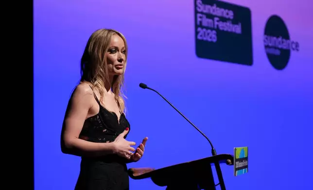 Director Olivia Wilde speaks during the premiere of "The Invite" during the Sundance Film Festival on Saturday, Jan. 24, 2026, at Eccles Center in Park City, Utah. (AP Photo/Chris Pizzello)