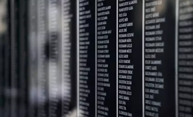 Names inscribed on the Victims' Wall are pictured during a memorial service in the Holocaust Memorial Centre in Budapest, Hungary, Tuesday, Jan. 27, 2026, on International Holocaust Remembrance Day. (Tamas Purger/MTI via AP)