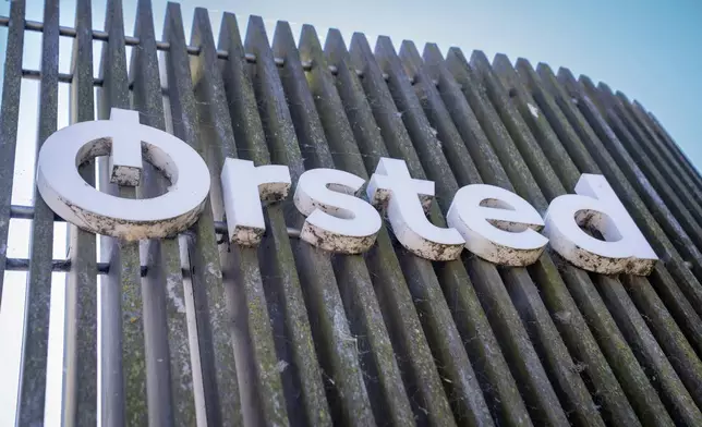 FILE - The logo for the Danish company Orsted is displayed on the exterior of the Avedore Power Station in Hvidovre, Copenhagen, Aug. 19, 2025. (Sebastian Elias Uth/Ritzau Scanpix via AP)