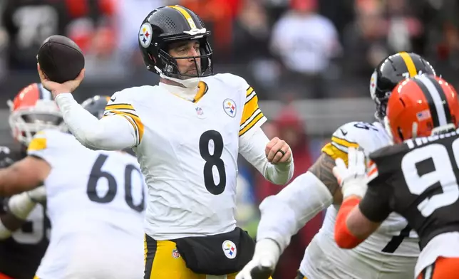 Pittsburgh Steelers quarterback Aaron Rodgers (8) throws a pass during the second half of an NFL football game against the Cleveland Browns, Sunday, Dec. 28, 2025, in Cleveland. (AP Photo/David Richard)