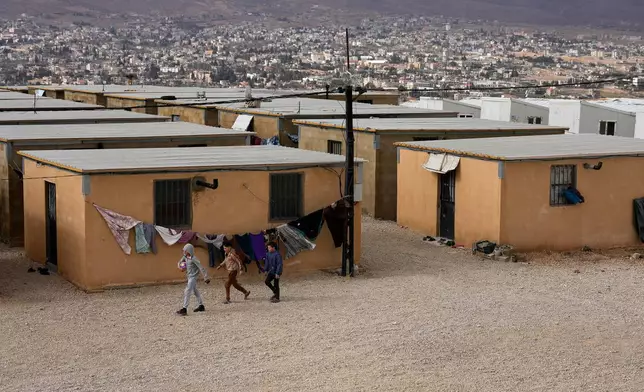 Syrian Shiite boys walk at the Imam Ali Housing Compound, where hundreds of mostly Lebanese and Syrian Shiite Muslims displaced from Syria reside, in Hermel, northeast Lebanon, Friday, Jan. 30, 2026. (AP Photo/Hussein Malla)