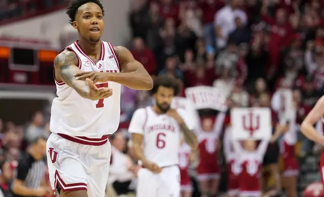 Indiana guard Nick Dorn (7) reacts to making a three-point shot against Nebraska during the first half of an NCAA college basketball game in Bloomington, Ind., Saturday, Jan. 10, 2026. (AP Photo/AJ Mast)