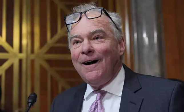 Sen. Tim Kaine, D-Va., speaks as Secretary of State Marco Rubio appears before the Senate Foreign Relations Committee at the Capitol in Washington, Wednesday, Jan. 28, 2026. (AP Photo/J. Scott Applewhite)