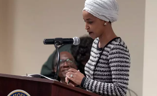 Rep. Ilhan Omar, D-Minn., speaks during a town hall in Minneapolis, Tuesday, Jan. 27, 2026. (Richard Tsong-Taatarii/Star Tribune via AP)