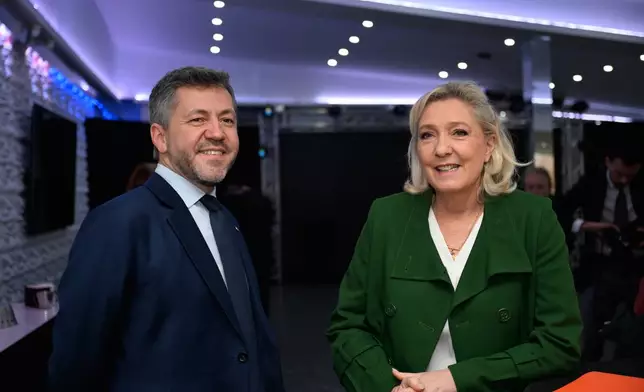 Far-right leader Marine Le Pen, right, poses with Franck Allisio, far-right candidate for Marseille mayoral election, before a press conference, in Marseille, southern France, Saturday, Jan. 17, 2026. (AP Photo/Philippe Magoni)