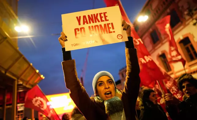 People shout slogans during a protest in Istanbul, Turkey, Sunday, Jan. 4, 2026, against a U.S. military attack that removed Venezuelan leader Nicolas Maduro from the country. (AP Photo/Emrah Gurel)