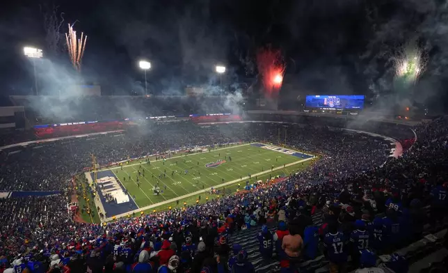 Fireworks explode above Highmark Stadium after an NFL football game between the Buffalo Bills and the New York Jets, Sunday, Jan. 4, 2026, in Orchard Park, N.Y. (AP Photo/Carolyn Kaster)