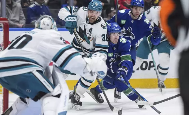 San Jose Sharks' Mario Ferraro (38) and Vancouver Canucks' Conor Garland (8) vie for the puck during the third period of an NHL hockey game, in Vancouver, British Columbia, Tuesday, Jan. 27, 2026. (Darryl Dyck/The Canadian Press via AP)