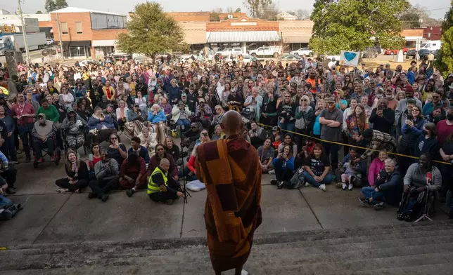 Bhikkhu Pannakara, a spiritual leader, speaks to supporters during the, "Walk For Peace," Thursday, Jan. 8, 2026, in Saluda, S.C. (AP Photo/Allison Joyce)
