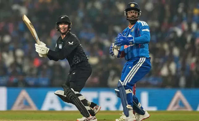 New Zealand's Mark Chapman bats during the first T20 cricket match between India and New Zealand in Nagpur, India, Wednesday, Jan. 21, 2026. (AP Photo/Mahesh Kumar A.)