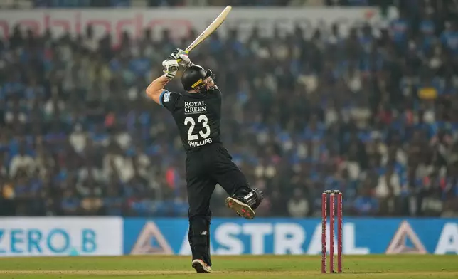 New Zealand's Glenn Phillips bats during the first T20 cricket match between India and New Zealand in Nagpur, India, Wednesday, Jan. 21, 2026. (AP Photo/Mahesh Kumar A.)