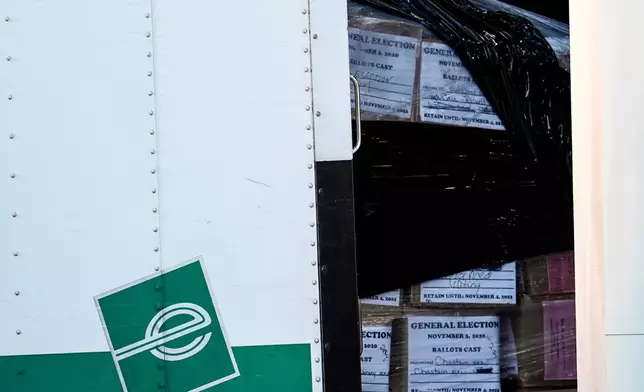 Georgia General Election 2020 ballots are loaded by the FBI onto trucks at the Fulton County Election HUB, Wednesday, Jan. 28, 2026, in Union City, Ga., near Atlanta. (AP Photo/Mike Stewart)