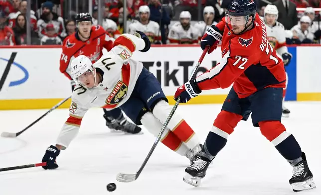 Washington Capitals left wing Anthony Beauvillier (72) shoots against Florida Panthers defenseman Niko Mikkola (77) during the first period of an NHL hockey game, Saturday, Jan. 17, 2026, in Washington. (AP Photo/John McDonnell)