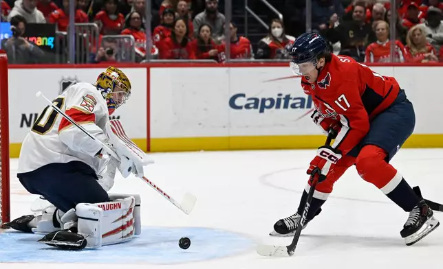 Florida Panthers goaltender Daniil Tarasov blocks the shot of Washington Capitals center Dylan Strome (17) during the first period of an NHL hockey game, Saturday, Jan. 17, 2026, in Washington. (AP Photo/John McDonnell)