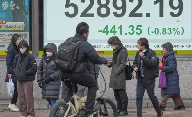 People stand in front of an electronic stock board showing Japan's Nikkei index at a securities firm Wednesday, Jan. 28, 2026, in Tokyo. (AP Photo/Eugene Hoshiko)