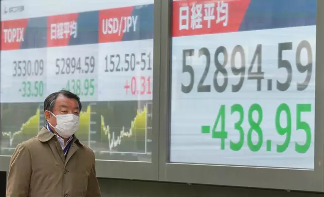 A person walks in front of an electronic stock board showing Japan's Nikkei index at a securities firm Wednesday, Jan. 28, 2026, in Tokyo. (AP Photo/Eugene Hoshiko)