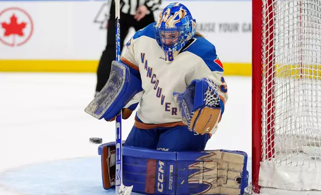 Vancouver Goldeneyes goaltender Emerance Maschmeyer makes a save during second-period PWHL hockey game action against the Toronto Sceptres in Toronto, Saturday, Jan. 17, 2026. (Frank Gunn/The Canadian Press via AP)