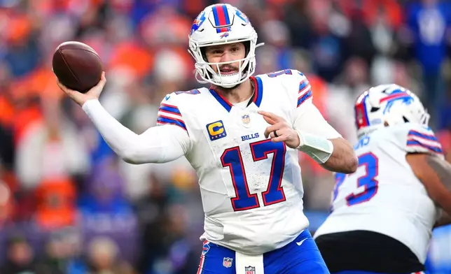Buffalo Bills quarterback Josh Allen throws during the second half of an NFL divisional round playoff football game against the Denver Broncos, Saturday, Jan. 17, 2026, in Denver. (AP Photo/Jack Dempsey)