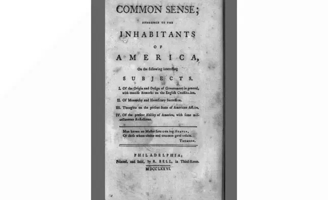This Library of Congress provided image shows the title page of founding-father Thomas Paine's book "Common Sense." (Library of Congress via AP)