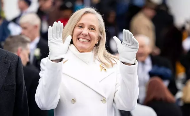 Governor Abigail Spanberger waves to the crowd during Inauguration Day at the Virginia Capitol Building, Saturday, Jan. 17, 2026. (Mike Kropf /Richmond Times-Dispatch via AP)