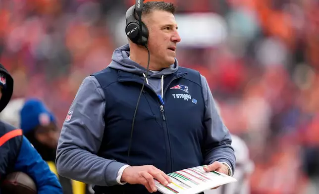 New England Patriots head coach Mike Vrabel looks on during the first half of the AFC Championship NFL football game against the Denver Broncos, Sunday, Jan. 25, 2026, in Denver. (AP Photo/Ashley Landis)
