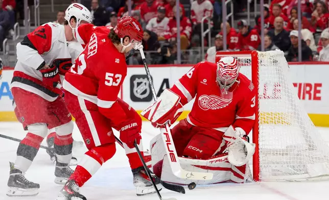 Detroit Red Wings goaltender John Gibson, right, saves a shot as Red Wings defenseman Moritz Seider (53) guards against Carolina Hurricanes right wing Andrei Svechnikov, left, during the first period of an NHL hockey game Monday, Jan. 12, 2026, in Detroit. (AP Photo/Ryan Sun)