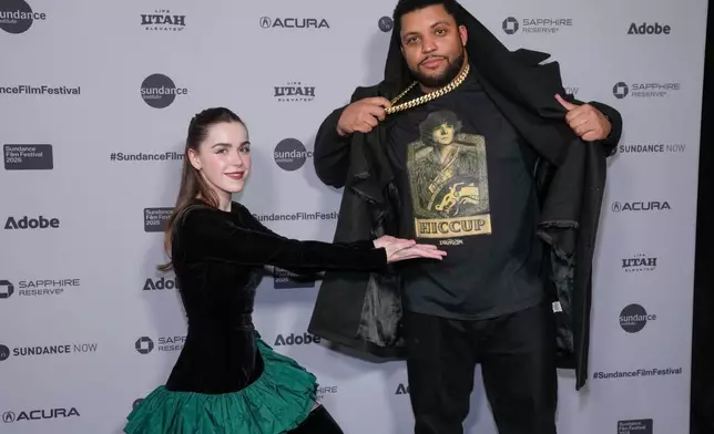 Kiernan Shipka, left, and O'Shea Jackson Jr. attend the premiere of "The Shitheads" during the Sundance Film Festival on Friday, Jan. 23, 2026, at Library Center Theatre in Park City, Utah. (Photo by Charles Sykes/Invision/AP)