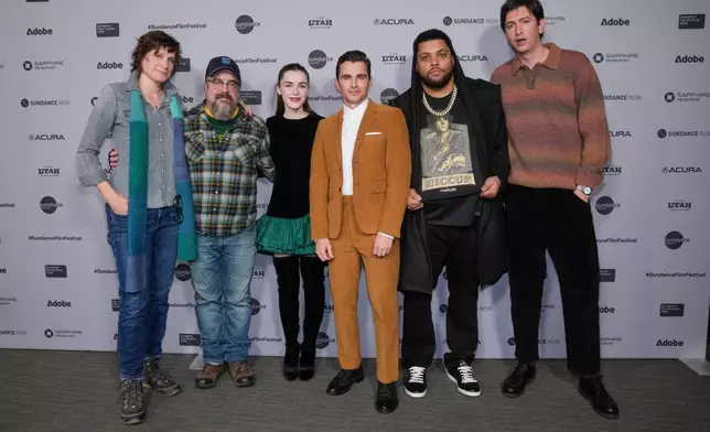 Lee Eddy, from left, director Macon Blair, Kiernan Shipka, Dave Franco, O'Shea Jackson Jr., and Nicholas Braun attend the premiere of "The Shitheads" during the Sundance Film Festival on Friday, Jan. 23, 2026, at Library Center Theatre in Park City, Utah. (Photo by Charles Sykes/Invision/AP)
