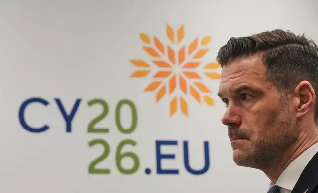 Swedish Migration Minister Johan Forssell speaks during an interview with The Associated Press during a meeting of EU Justice and Home Affairs ministers at Filoxenia conference center in Nicosia, Cyprus, Thursday, Jan. 22, 2026. (AP Photo/Petros Karadjias)