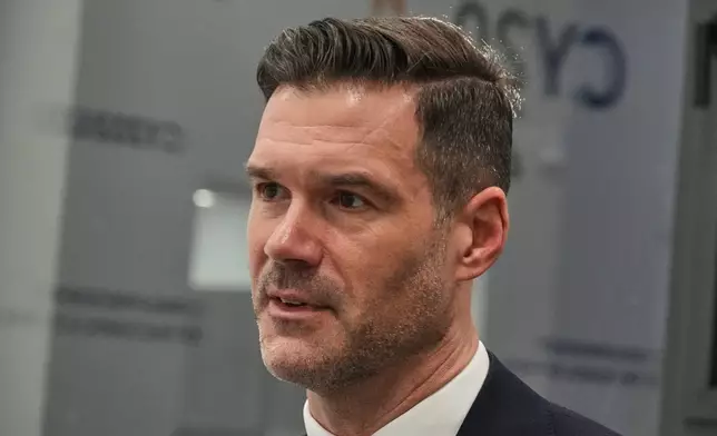 Swedish Migration Minister Johan Forssell speaks during an interview with The Associated Press during a meeting of EU Justice and Home Affairs ministers at Filoxenia conference center in Nicosia, Cyprus, Thursday, Jan. 22, 2026. (AP Photo/Petros Karadjias)