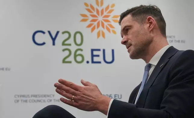 Swedish Migration Minister Johan Forssell speaks during an interview with The Associated Press during a meeting of EU Justice and Home Affairs ministers at Filoxenia conference center in Nicosia, Cyprus, Thursday, Jan. 22, 2026. (AP Photo/Petros Karadjias)