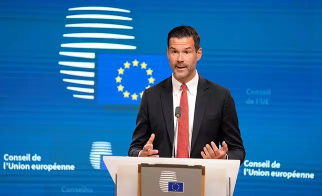 FILE - Johan Forssell, theSwedish Minister for International Development Cooperation and Foreign Trade, addresses a media conference at the European Council building in Brussels, June 27, 2023. (AP Photo/Virginia Mayo, File)