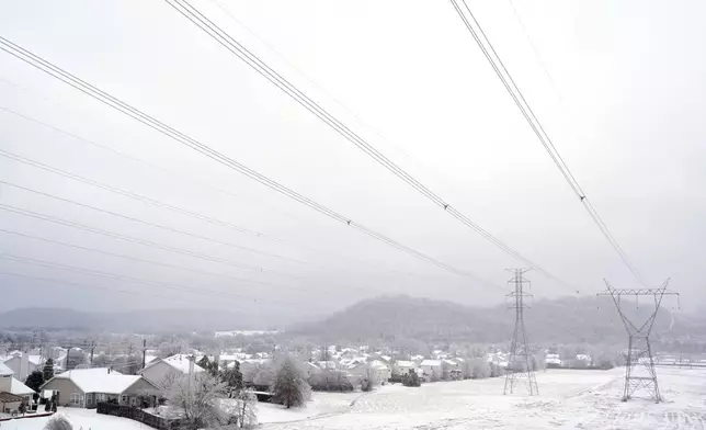 Power lines are seen during a winter storm Sunday, Jan. 25, 2026, in Nashville, Tenn. (AP Photo/George Walker IV)