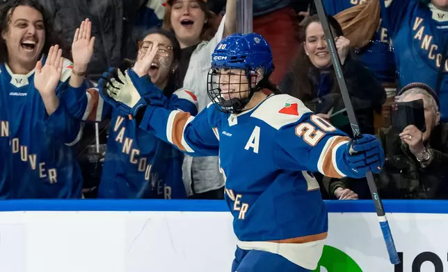 Vancouver Goldeneyes' Sarah Nurse (20) celebrates her goal against the Toronto Sceptres during the third period of a PWHL hockey game in Vancouver, British Columbia, Thursday, Jan. 22, 2026. (Ethan Cairns/The Canadian Press via AP)